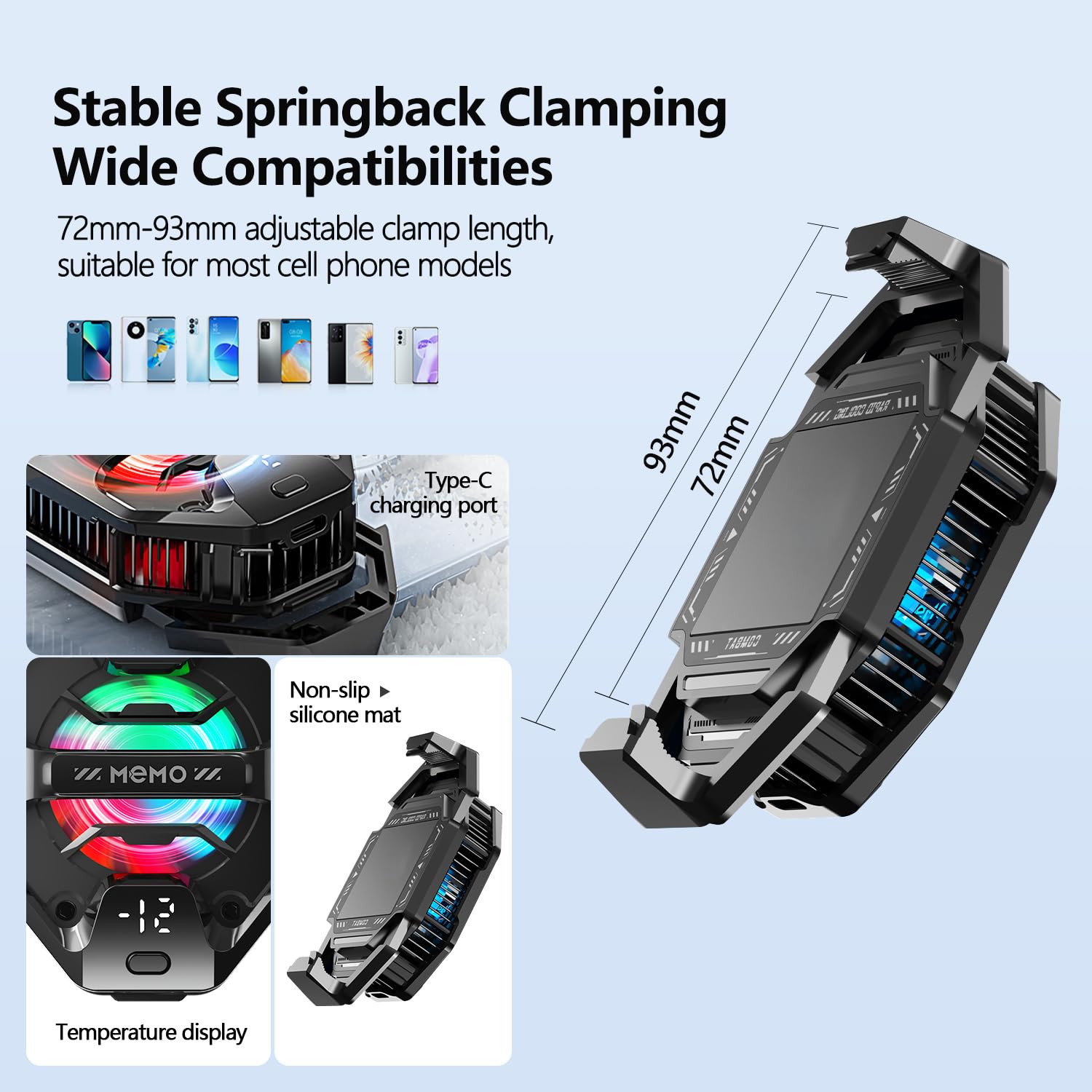 Phone Cooler for Gaming, 27W iPhone Cooling Fan with RGB LED Semiconductor Heatsink Cooling Case Enfriador para Celular, for iPhone/Android Phone Gaming, Live Streaming, AI Smartphone Temperature