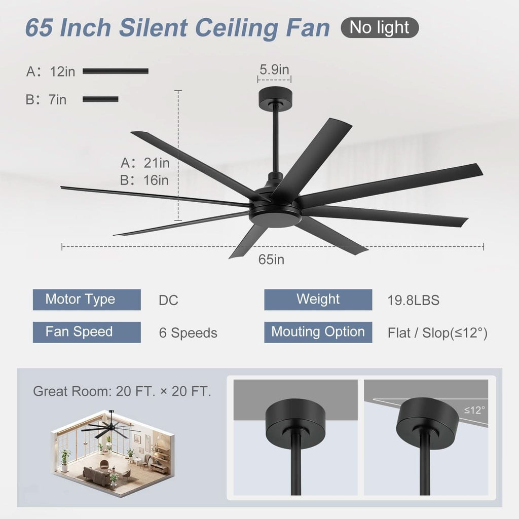 65 Inch Matte Black Ceiling Fan With Remote Quiet DC Motor
