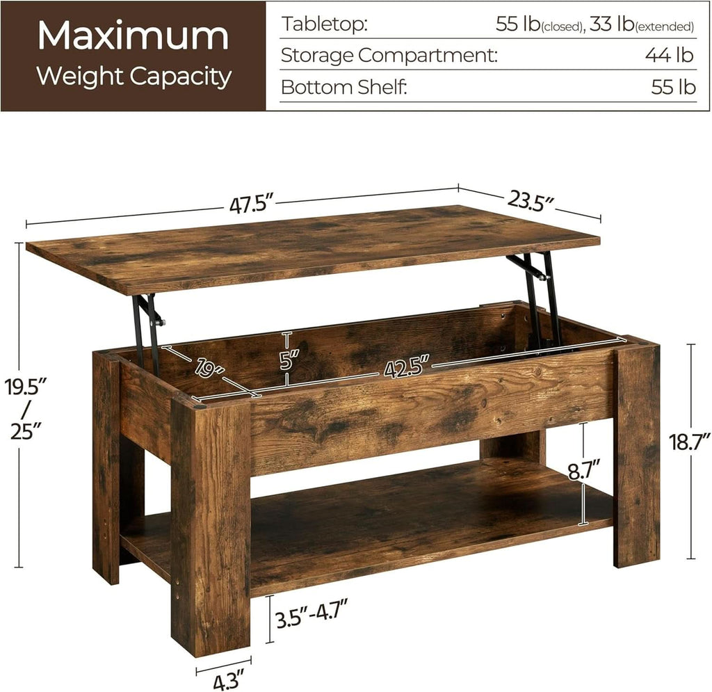 Coffee Table 47.5 Inch Lift Top With Hidden Compartment Rustic Brown