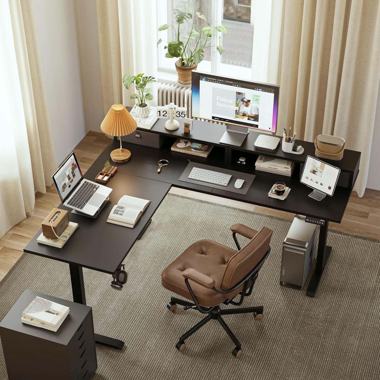 L Shaped Electric Standing Desk 63 Inch 2 Drawers Black