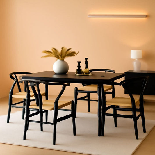 Black Rattan Weave Dining Chairs Set 2 Mid Century Modern