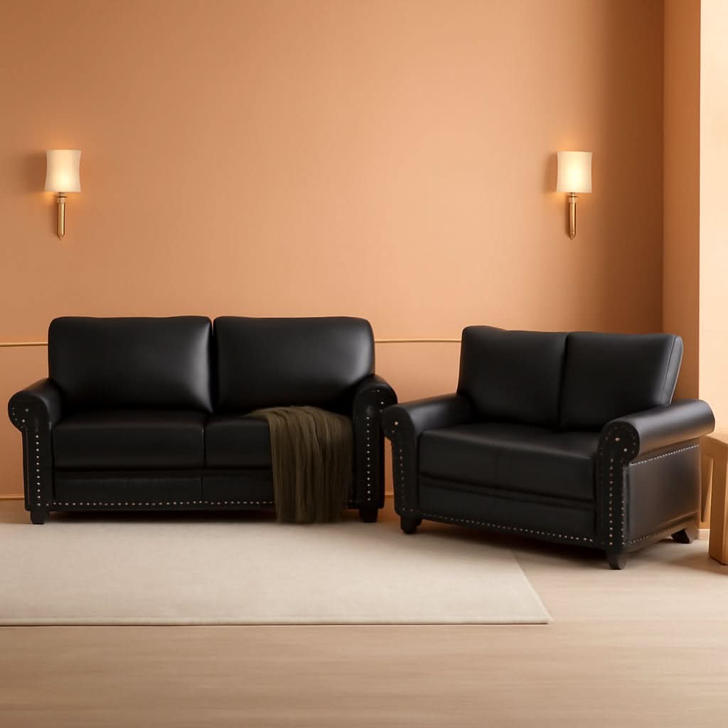 Two Piece Upholstered PU Leather Sofa Set With Hidden Storage Black Mid Century Modern