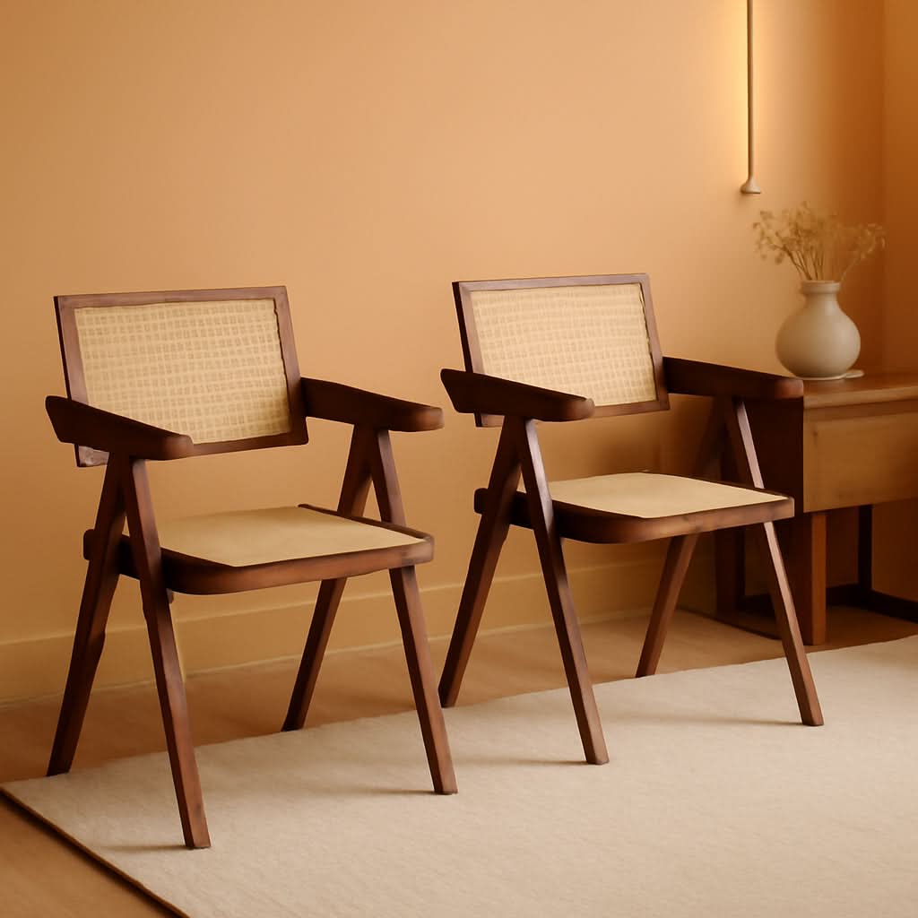 Walnut Rattan Dining Chairs Set Of 2 Ergonomic Back