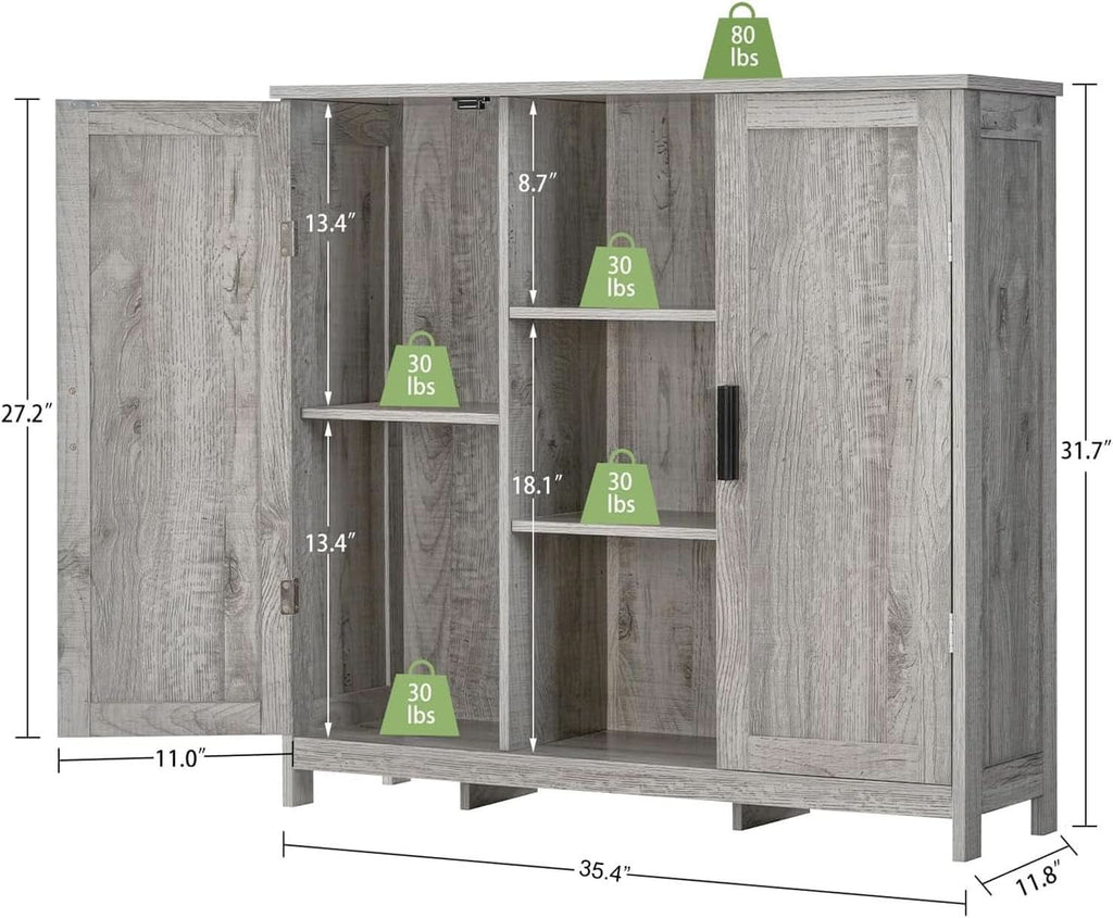 Grey Storage Cabinet With 2 Doors And 4 Adjustable Shelves