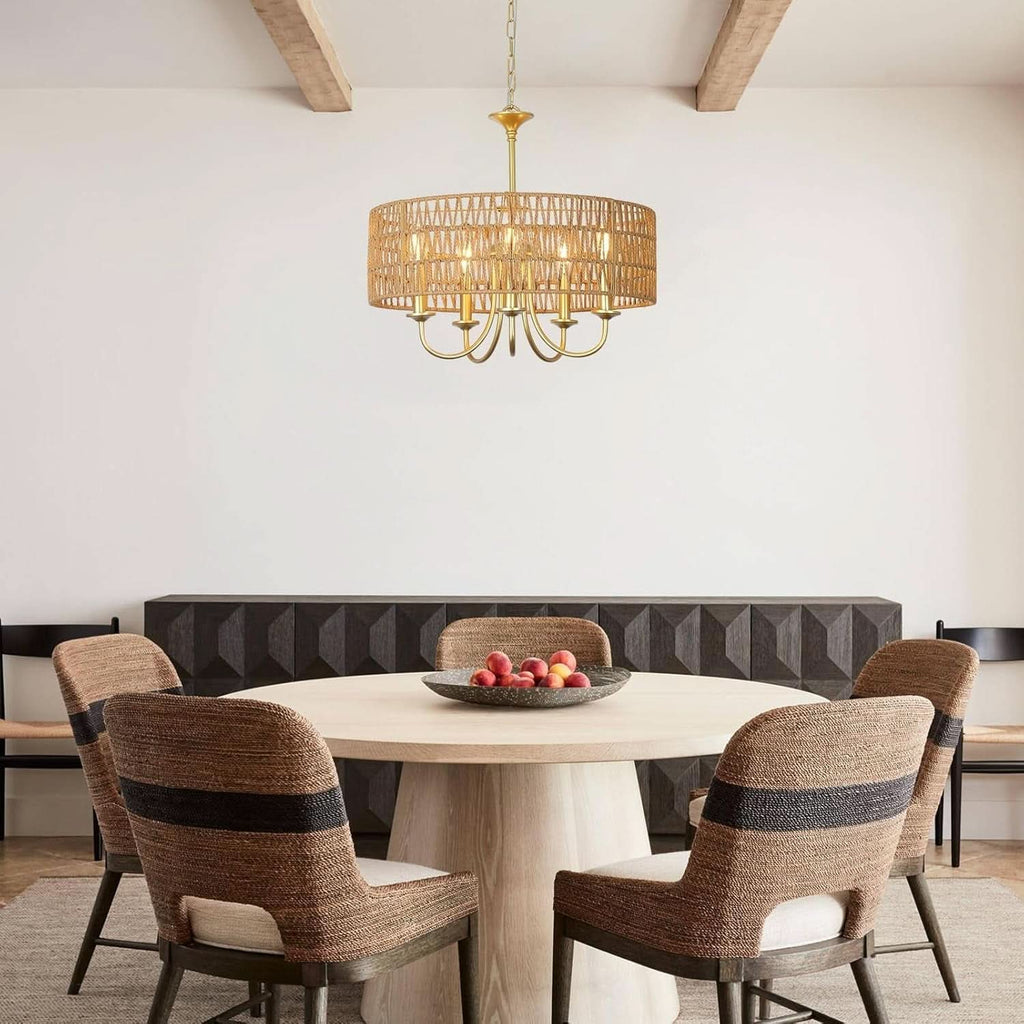 Gold 5 Light Rattan Boho Chandelier Pendant Lighting