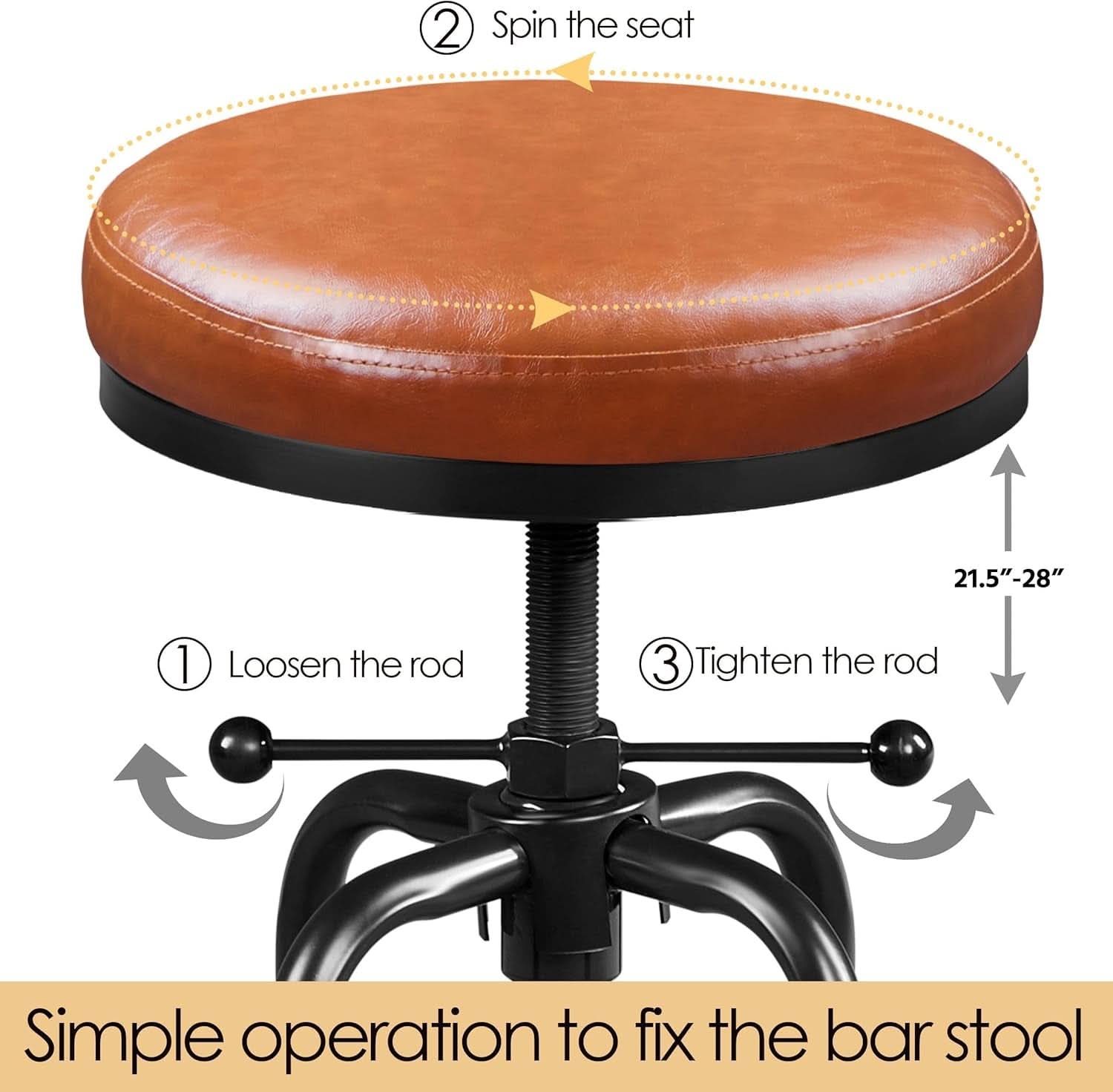 Light Brown Adjustable Metal Bar Stool 21.5-28 Inch Tall