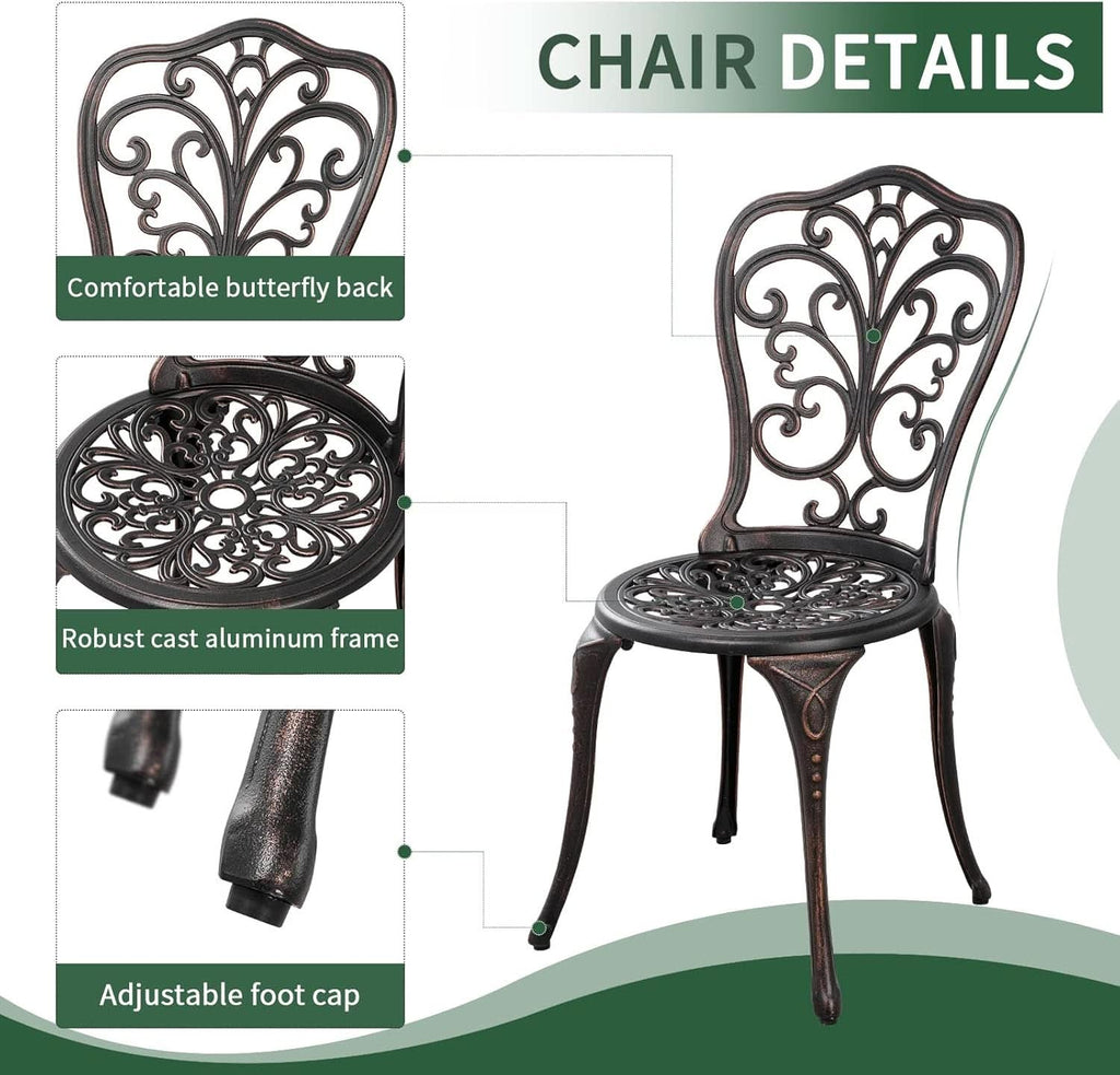 3 Piece Cast Aluminum Outdoor Patio Bistro Set With Umbrella Hole In Brown All Weather Durable