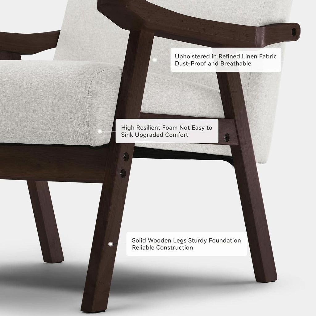 Beige Upholstered Modern Midcentury Solid Wood Armchair With Cushions