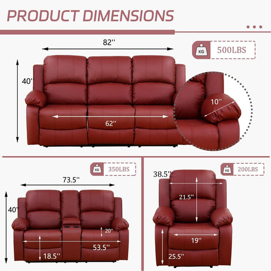 Manual Recliner Sofa Set Red Bonded Leather With Cup Holders