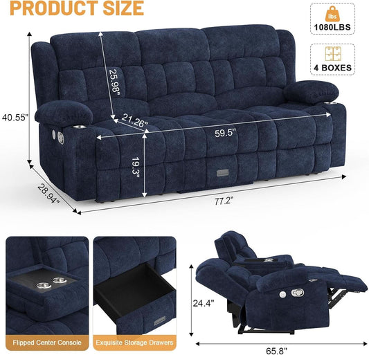 Blue Loveseat Recliner Sofa With Flip Backrest Manual