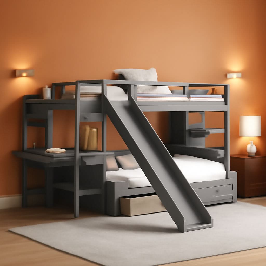 Twin Over Twin Bunk Bed Gray With Stairs For Kids Teens