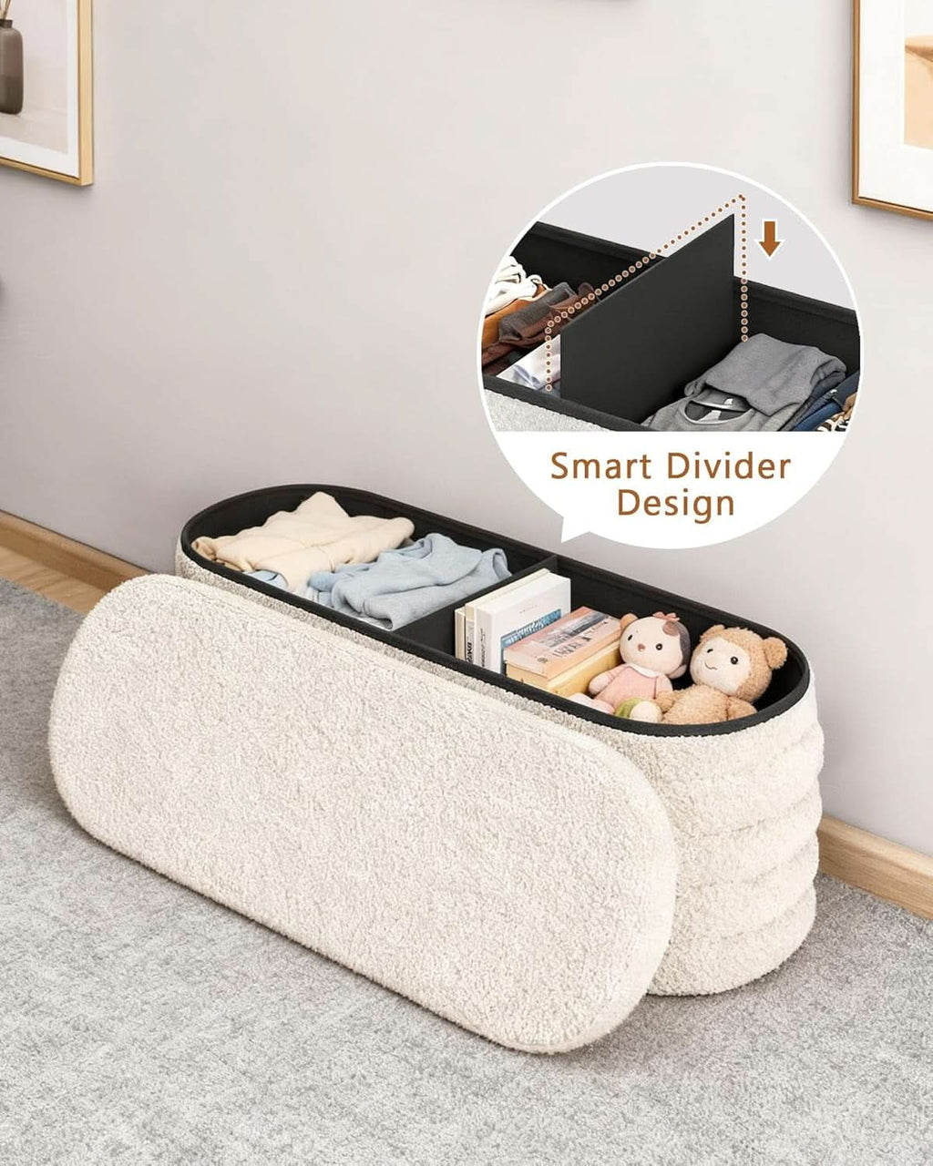 43 Inch SherpaWhite Upholstered Storage Ottoman Bench