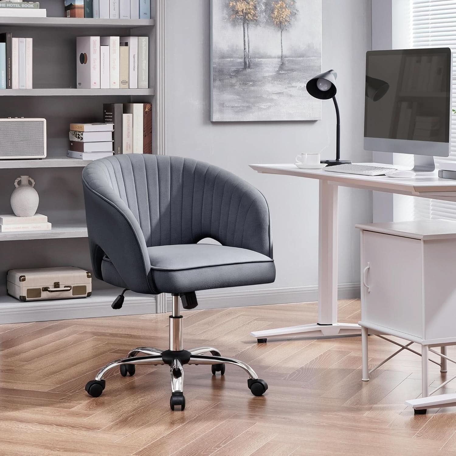 Dark Gray Velvet Swivel Office Chair Tufted Barrel Back