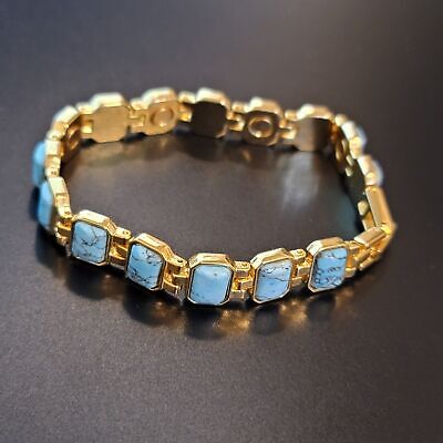 Gold Tone Magnetic Faux Turquoise Link Bracelet