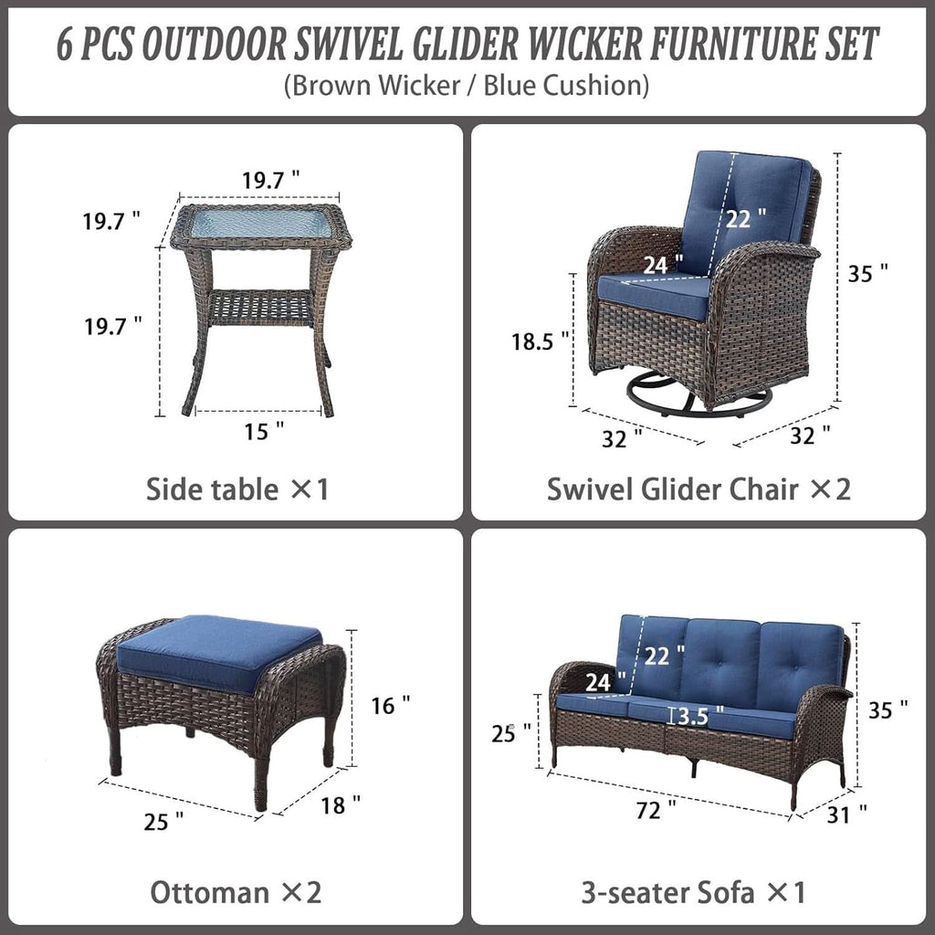 Six Piece Patio Conversation Set Brown Wicker Blue Cushions