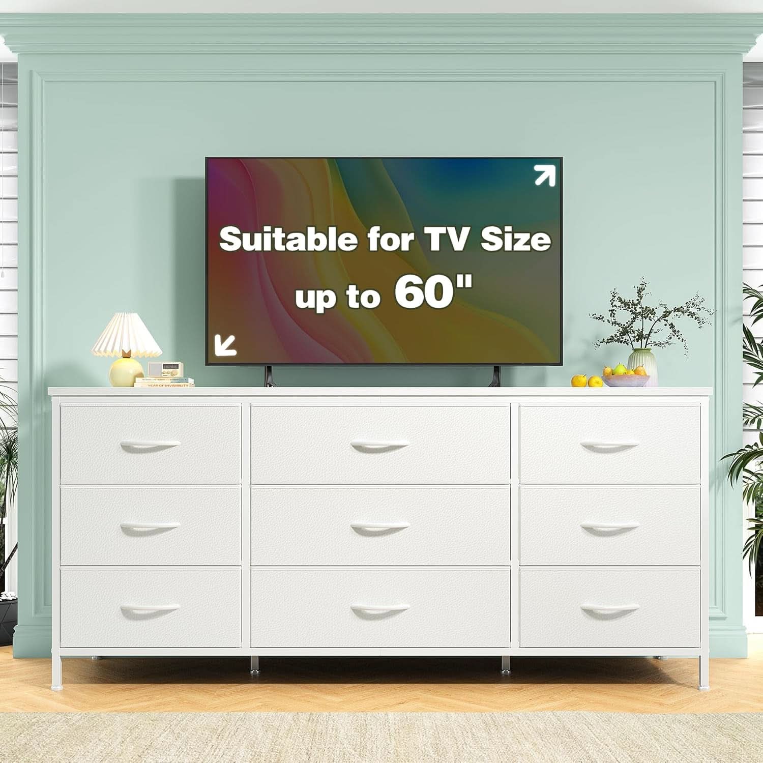 White Dresser TV Stand With 9 Drawers For Bedroom Storage