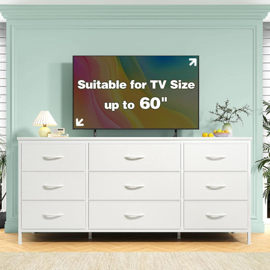 White Dresser TV Stand With 9 Drawers For Bedroom Storage