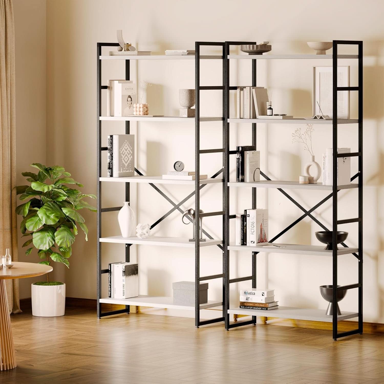 Two Piece Five Tier White Bookshelf Set Industrial Modern Bookcase For Living Room Office