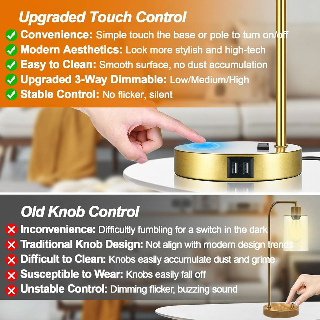 Gold Industrial Touch Table Lamps 2 Pack With USB Ports