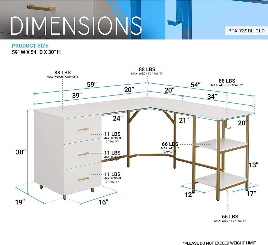 L Shaped Corner Desk Two Tone With Drawers And Shelves For Home Office