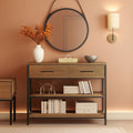 Rustic Brown Industrial Console Table With Storage Shelves