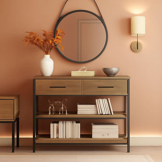 Rustic Brown Industrial Console Table With Storage Shelves