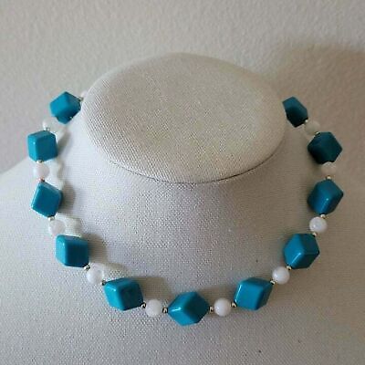 Vintage Blue Cube and White Bead Necklace Retro Chunky Geometric Beaded Jewelry