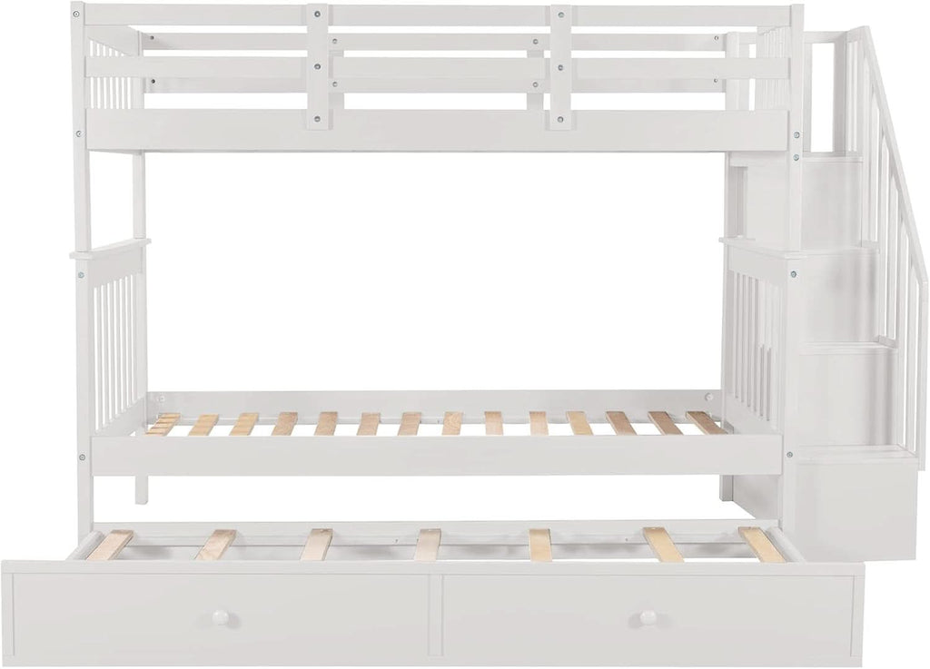 Twin Over Twin Bunk Bed With Stairs And Trundle White