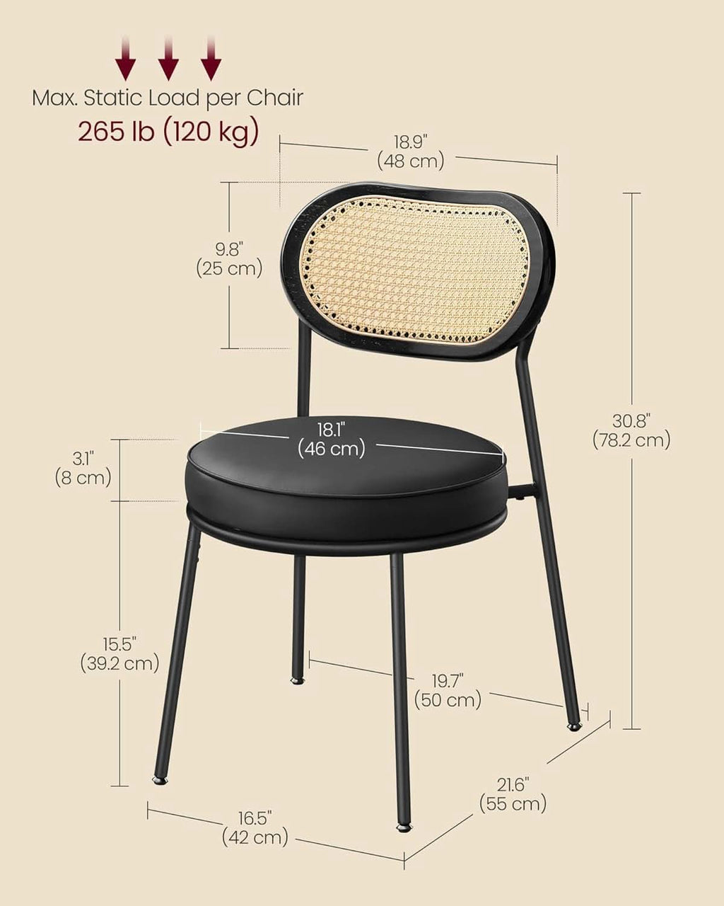 Dining Chair Set Of 4 Boho Rattan Back Leather Upholstery Ink Black