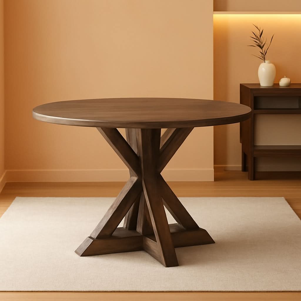 Alfred Round Solid Wood Rustic Dining Table 46.5 Inch Diameter Trestle Pedestal