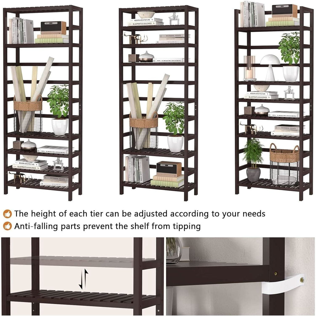 6-Tier Bamboo Bookcase Espresso 63.4 Inch Tall Freestanding Shelf
