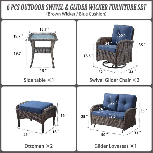 6 Piece Patio Conversation Set Brown Wicker Blue Cushions