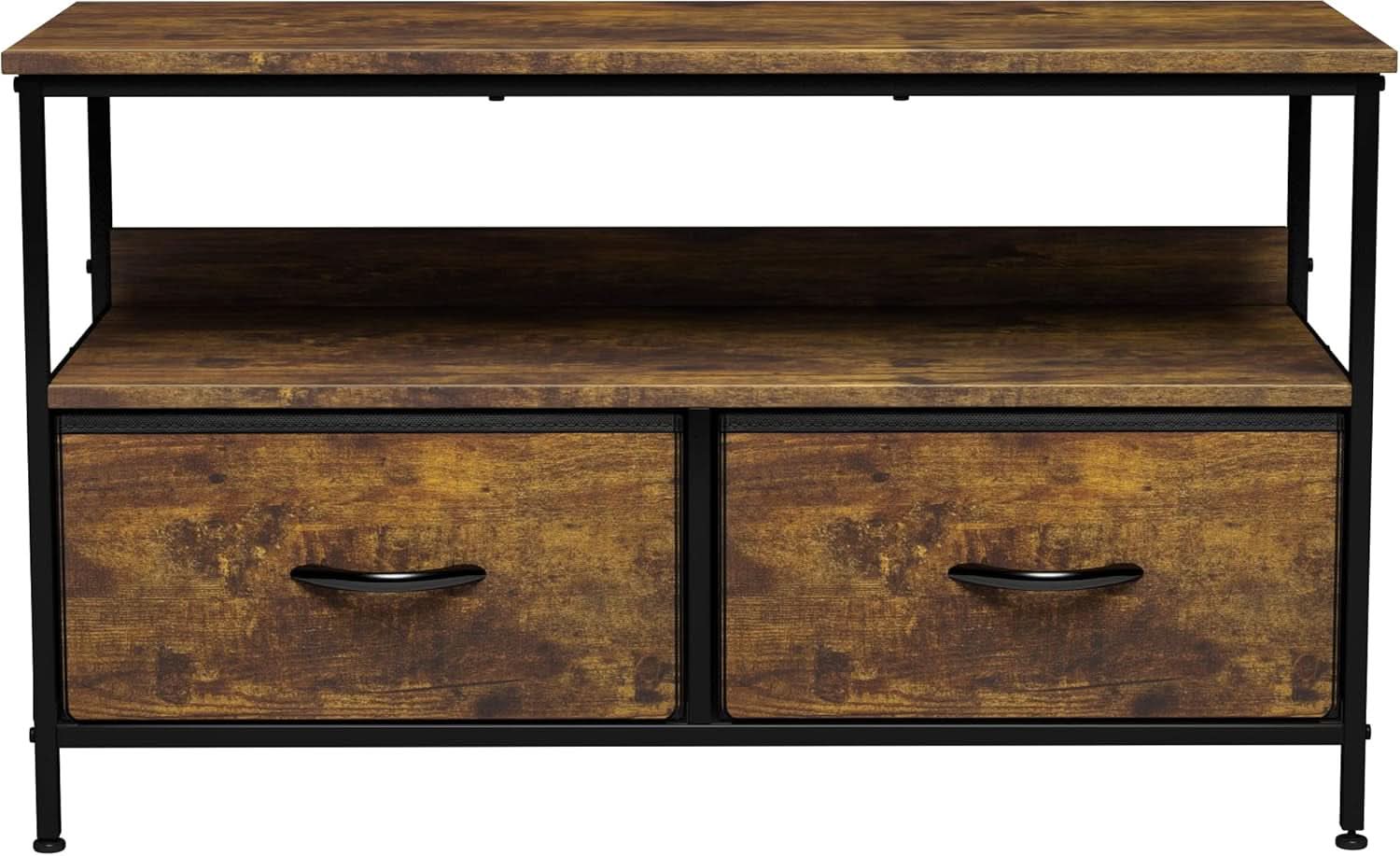 2 Drawer TV Stand Chest For Living Room With Open Shelf And Fabric Drawers For Media Storage