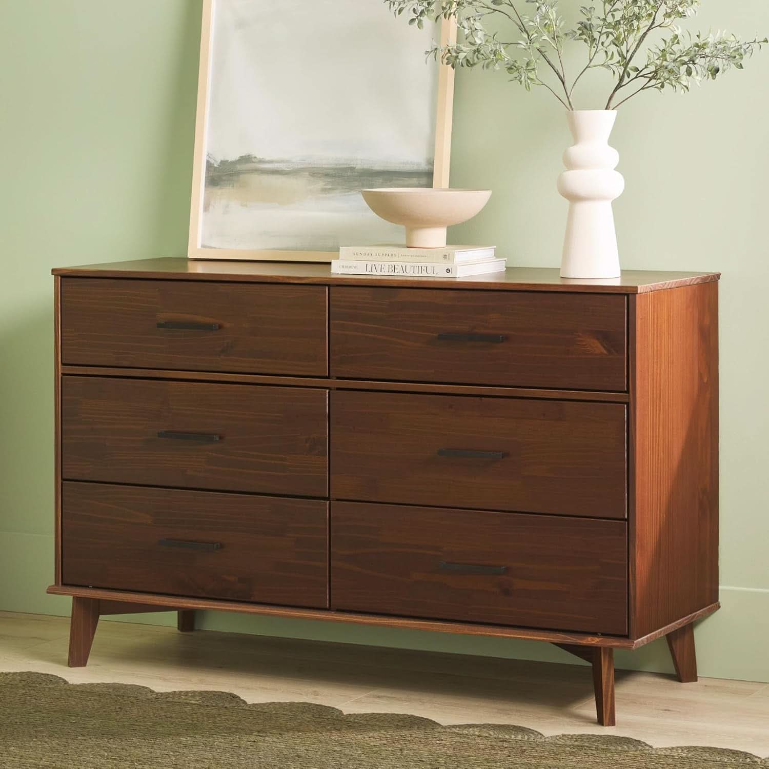 6 Drawer Solid Pine Wood Dresser With Walnut Finish