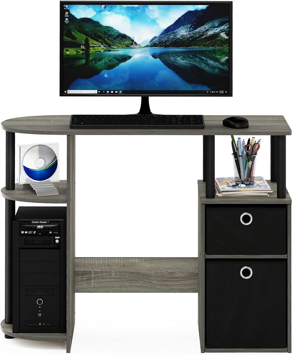 Jaya Simplistic Computer Desk CPU Shelf Oak Grey Black