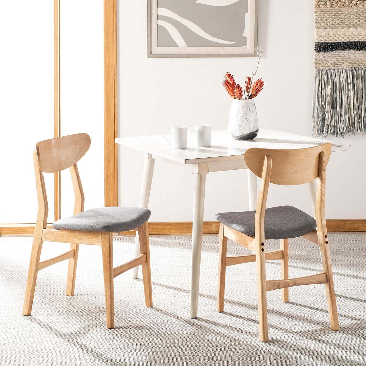 Dining Chair Set Of 2 With Grey Cushions And Natural Wood