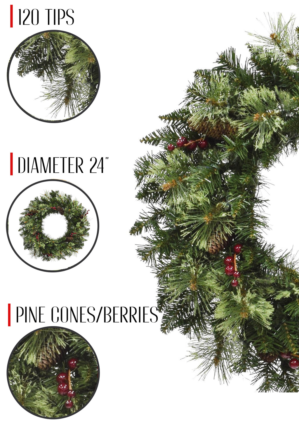 24" Unlit Jasper Mixed Pine Wreath with Pine Cones & Red Berry Clusters
