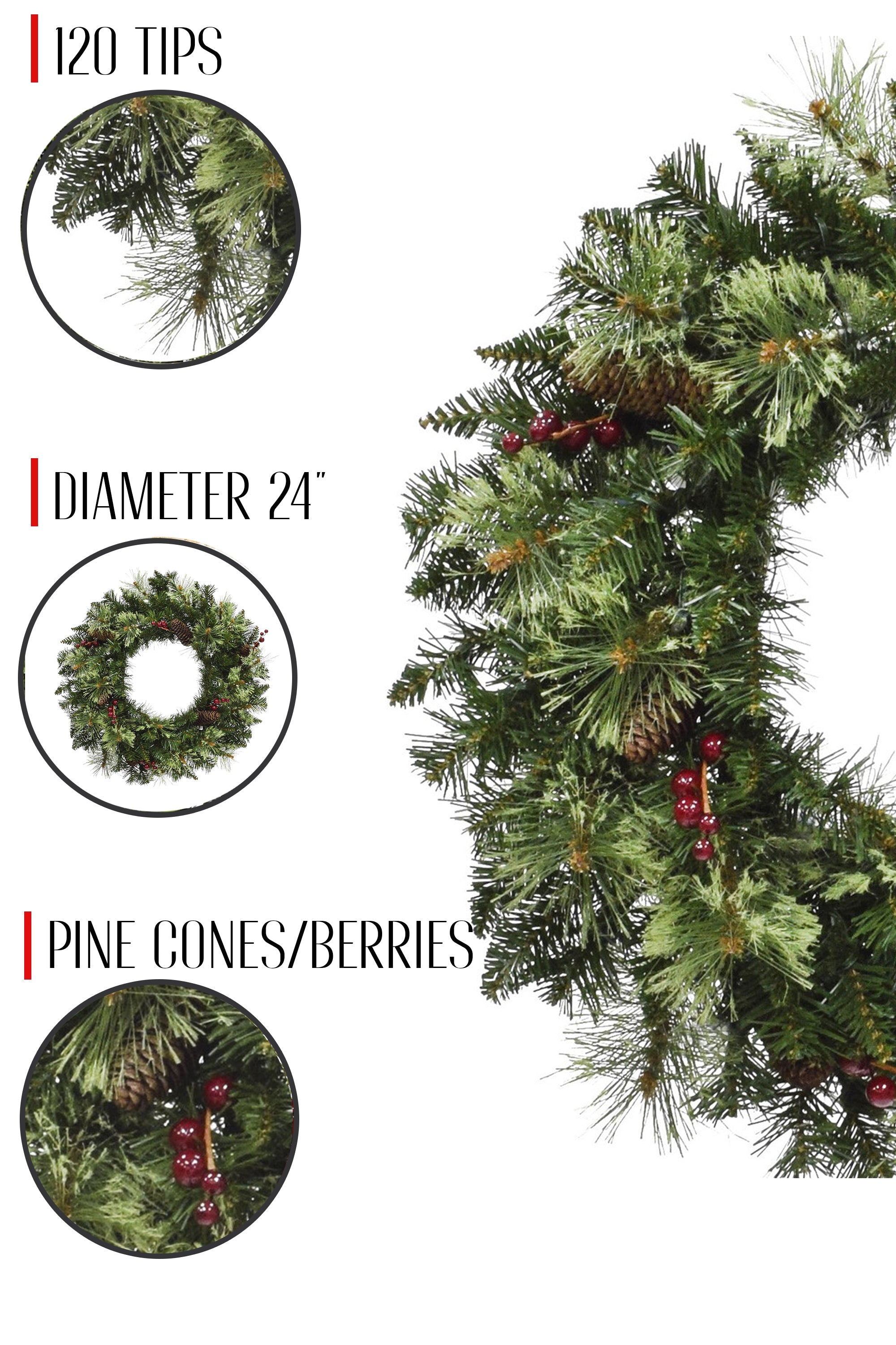 24" Unlit Jasper Mixed Pine Wreath with Pine Cones & Red Berry Clusters