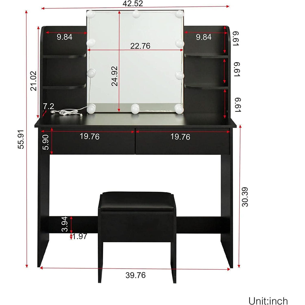 Black Vanity Set With 10 Lights For Bedroom Storage