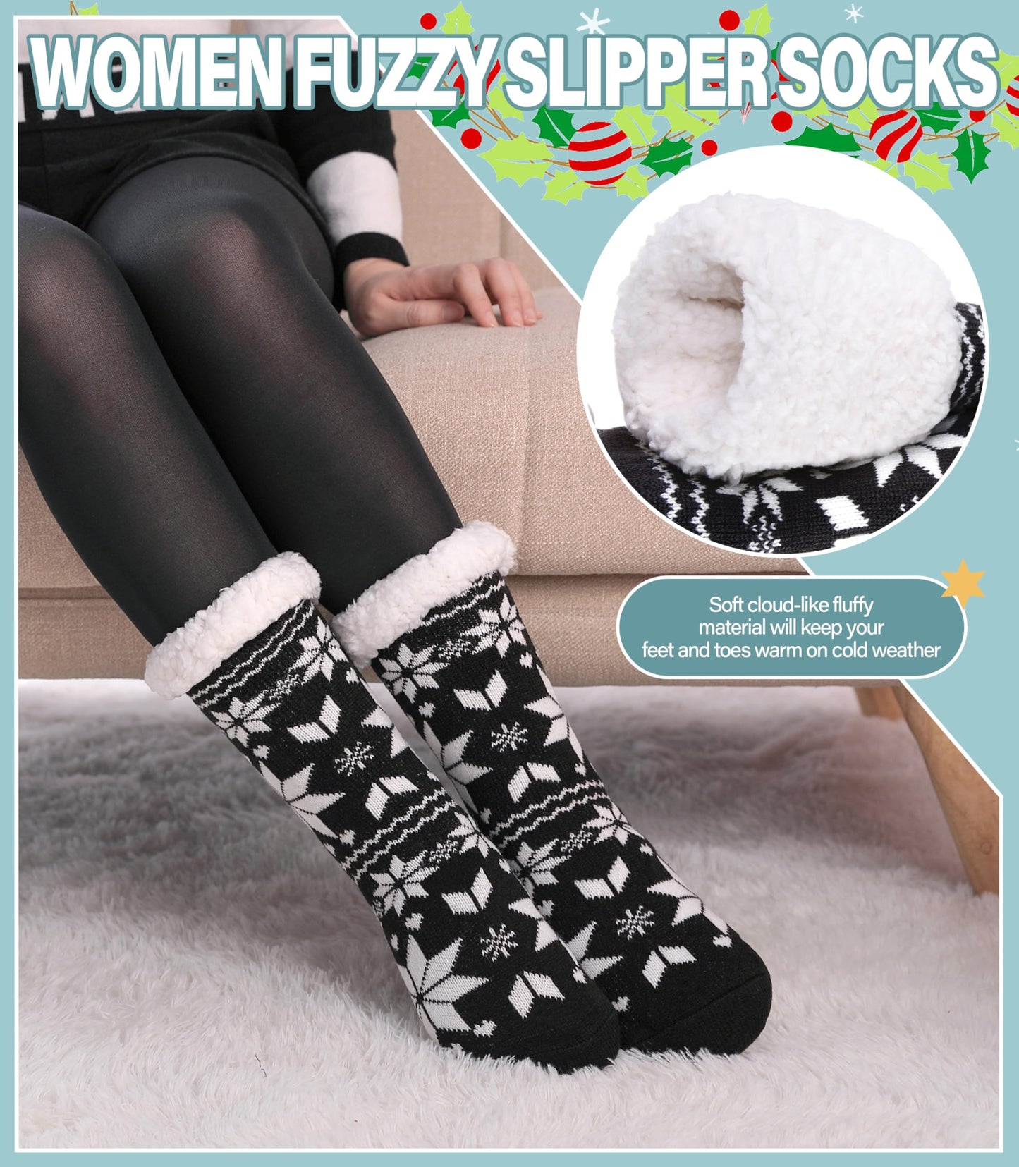 Slipper Socks for Women Fuzzy Non Slip Winter Thick Warm Soft Cozy Fleece Lining Home Socks with Grippers