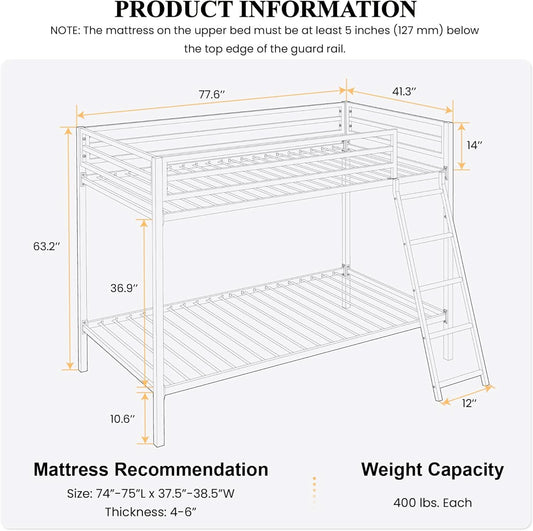 Twin Over Twin Metal Bunk Bed Black Guardrail And Ladder