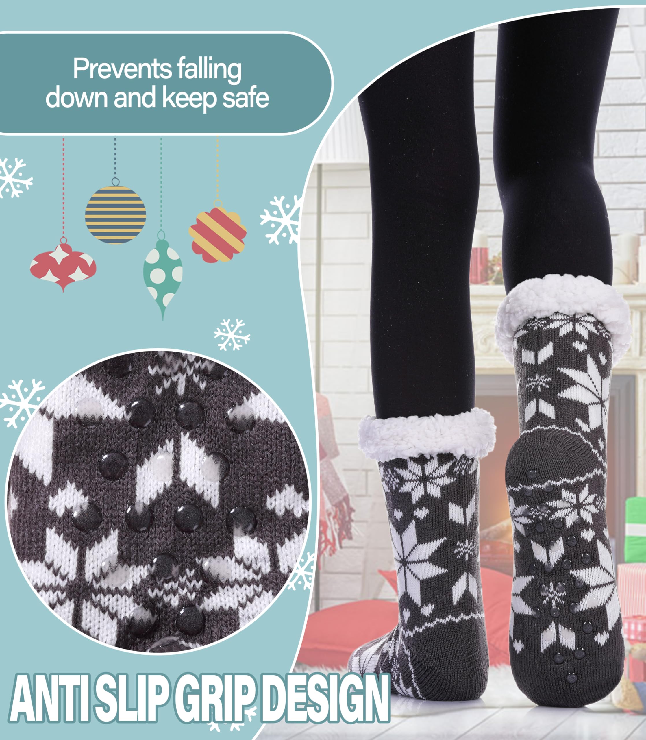 Slipper Socks for Women Fuzzy Non Slip Winter Thick Warm Soft Cozy Fleece Lining Home Socks with Grippers