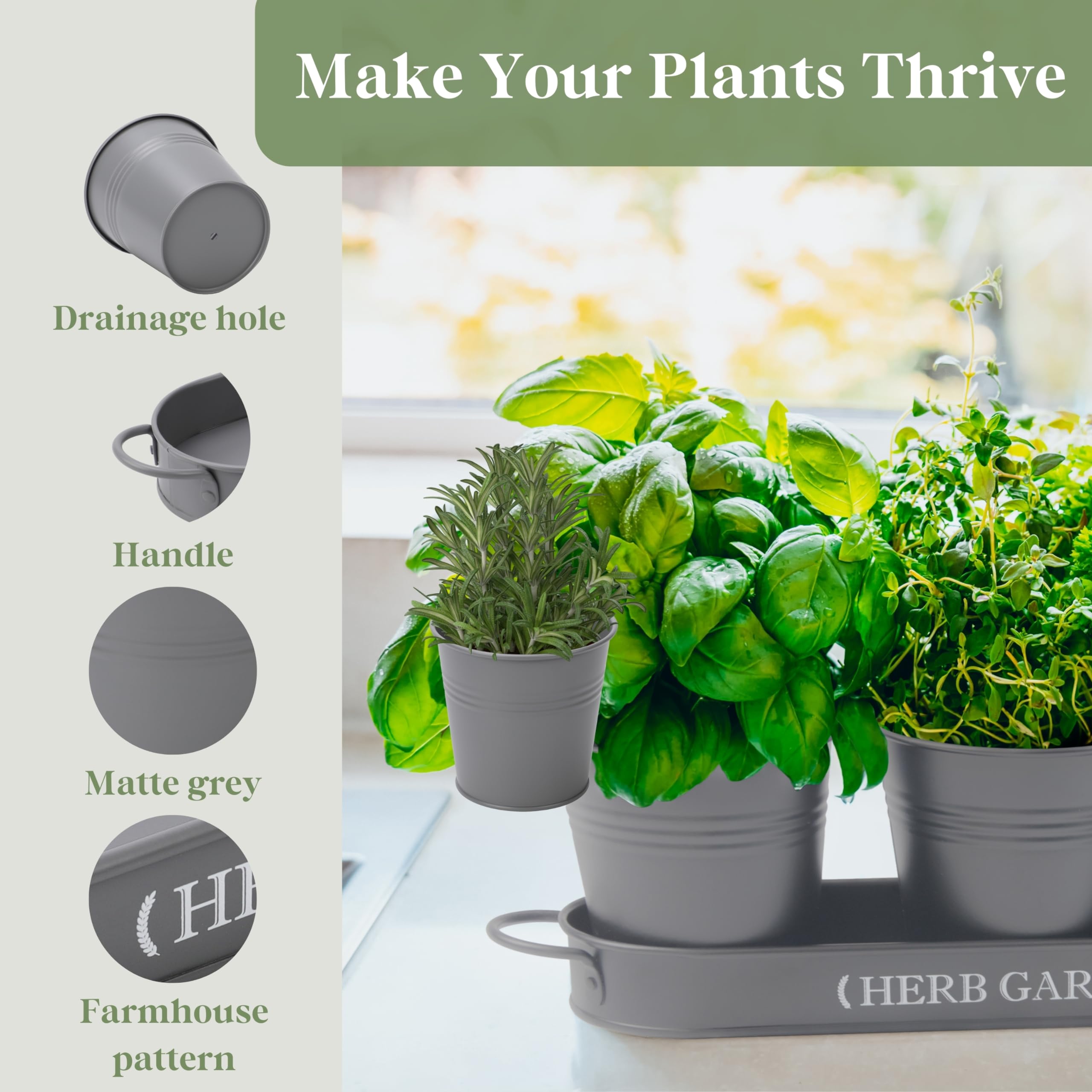 PERFNIQUE Indoor Herb Garden, Herb Planter for Indoor/Outdoor, Farmhouse Plant Pots, Windowsill Herb Garden with Tray(Planter only) Window Pots