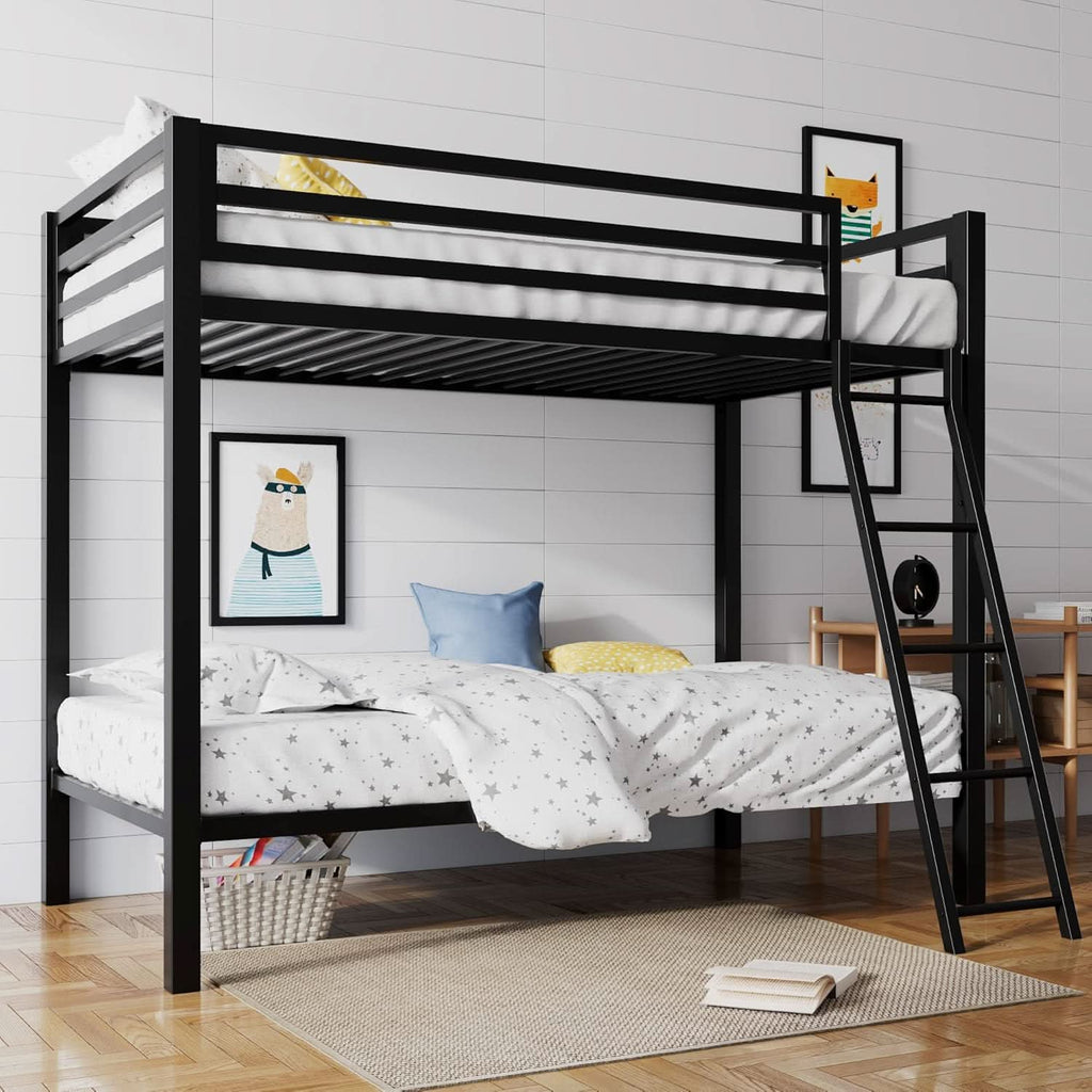 Twin Over Twin Metal Bunk Bed Black Guardrail And Ladder