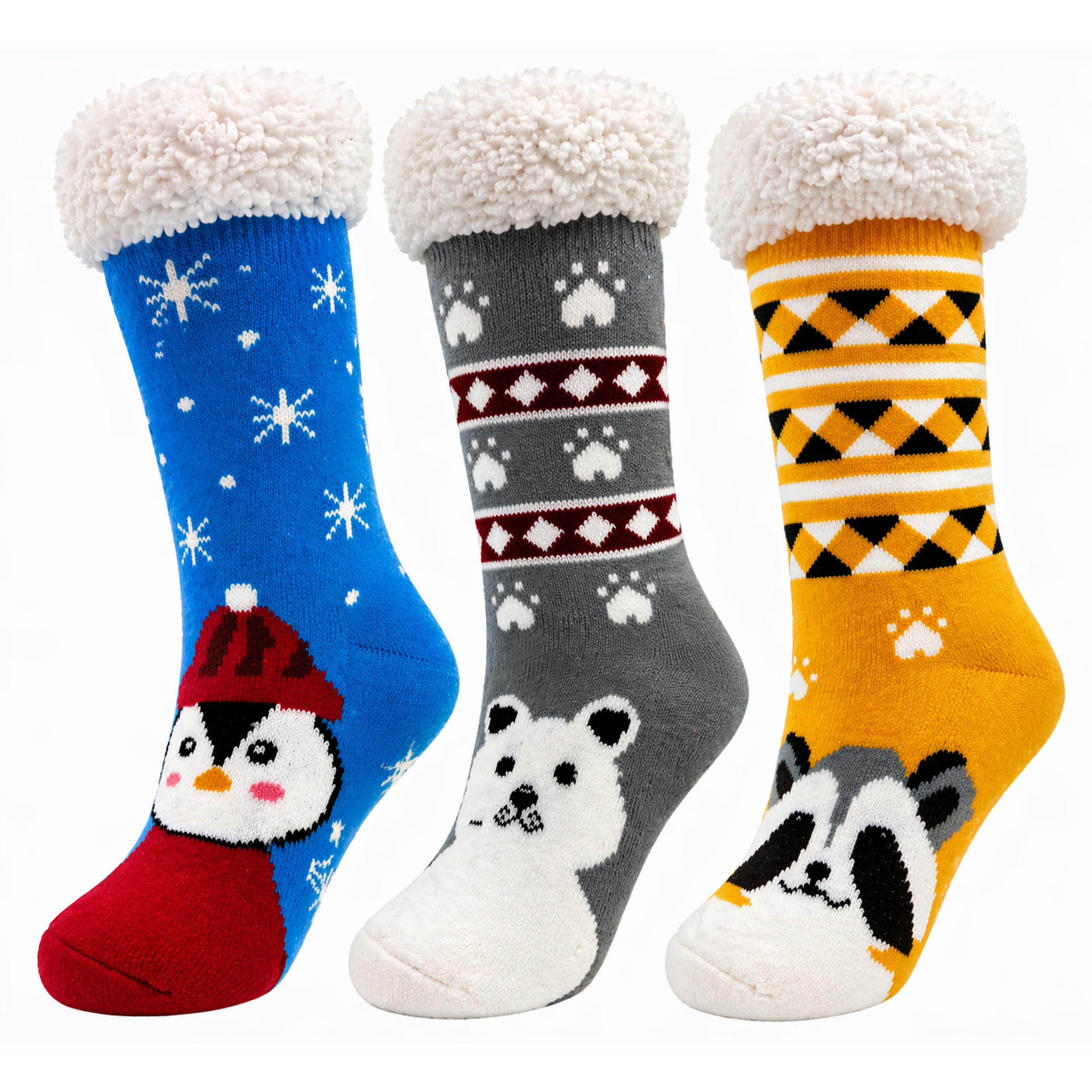 Winterlace Fuzzy Fluffy Slipper Socks, 3 Pairs Womens Sherpa Non Slip Plush Comfy Cozy Cabin Sock