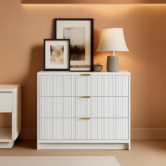 White Contemporary Dresser With Three Drawers And Fluted Panels