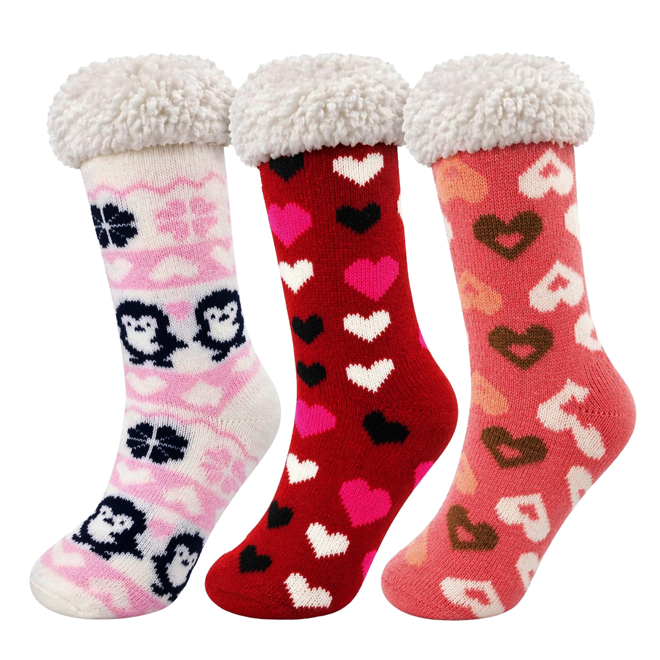 Winterlace Fuzzy Fluffy Slipper Socks, 3 Pairs Womens Sherpa Non Slip Plush Comfy Cozy Cabin Sock