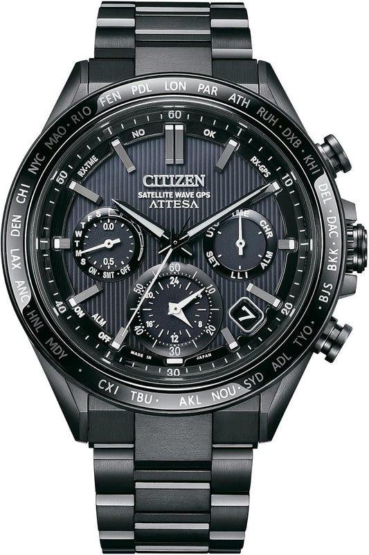 CITIZEN Mens Eco-Drive Attesa Satellite Wave GPS Chronograph, Black Super Titanium with DLC Coated Case & Bracelet, Black Dial (Style: CC4055-65E)
