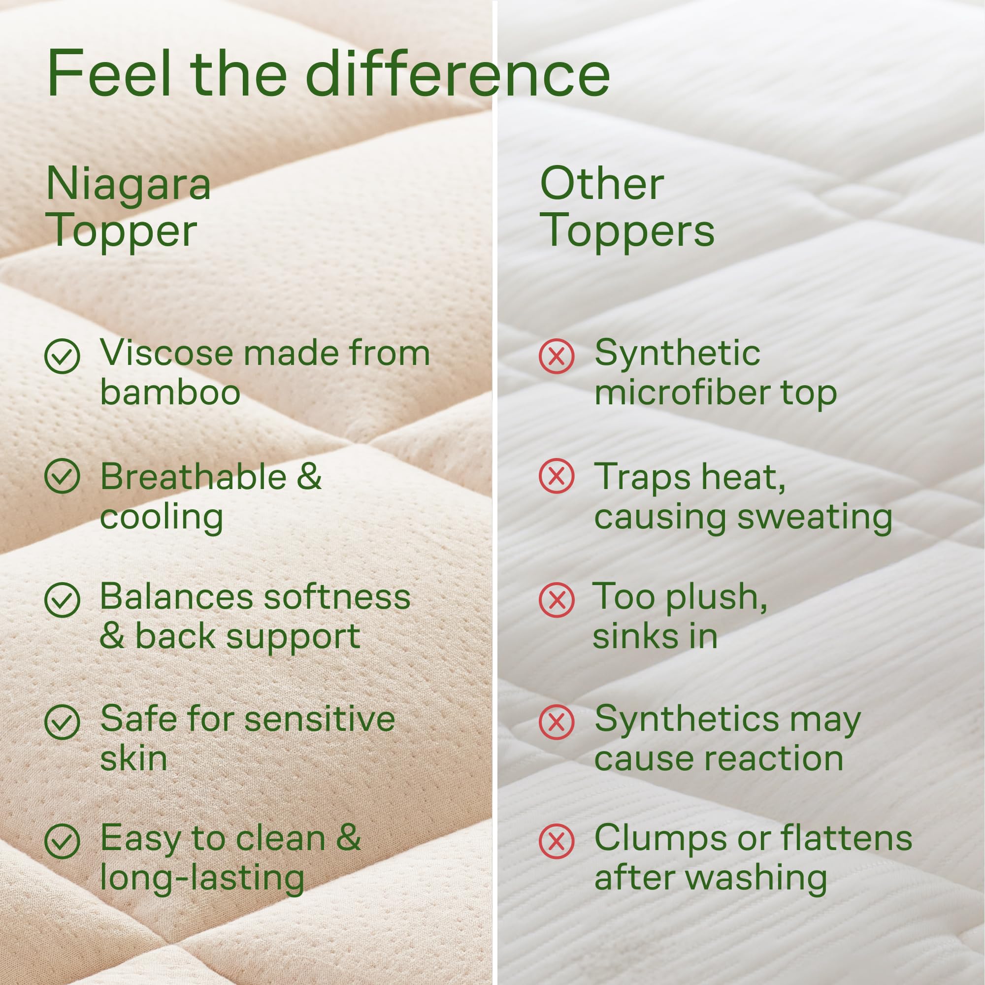 Niagara Sleep Solution Ultra Soft Queen Size Mattress Topper - Rayon Derived from Bamboo Pillow Top Mattress Pad for Back Pain Relief - Naturally Cooling for Hot Sleepers, Green