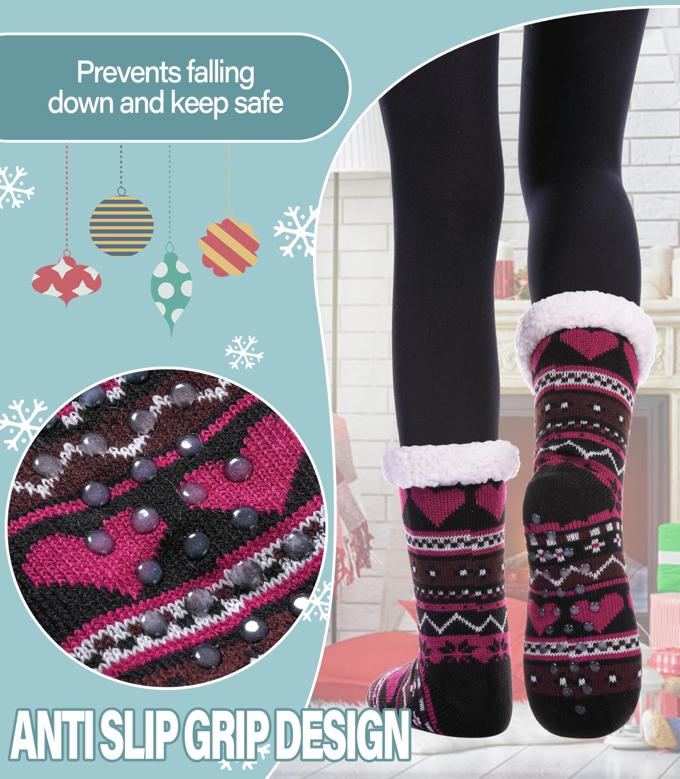 Slipper Socks for Women Fuzzy Non Slip Winter Thick Warm Soft Cozy Fleece Lining Home Socks with Grippers